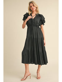 Solid wrinkle midi dress with frilled tie neck