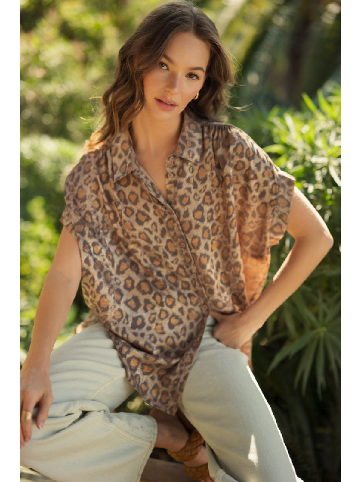 Leopard print collared button up top