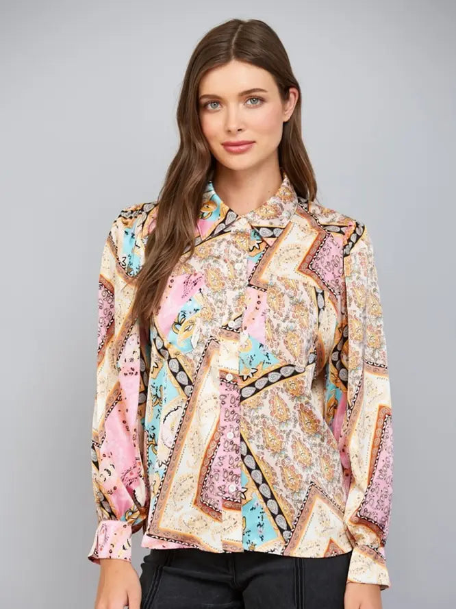 Patchwork Print Button-Up Blouse