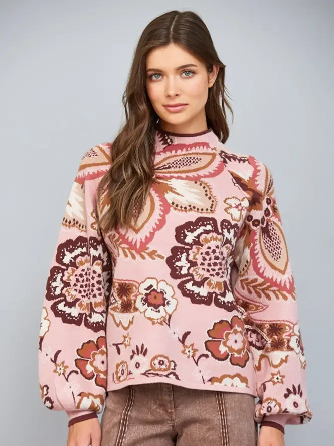 Bold Floral & Paisley Pattern Funnel Neckline Sweater