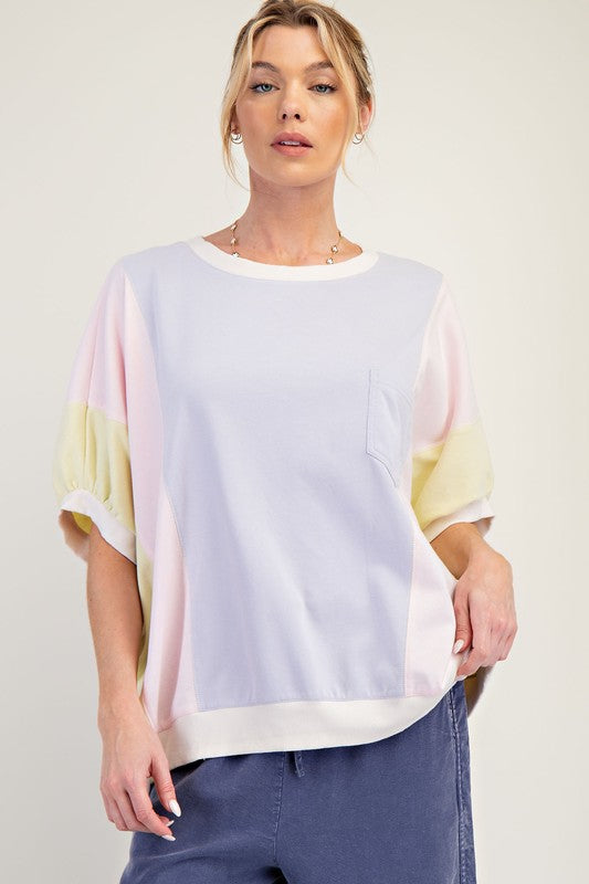 COLOR BLOCK MINERAL WASHED TERRY KNIT TOP