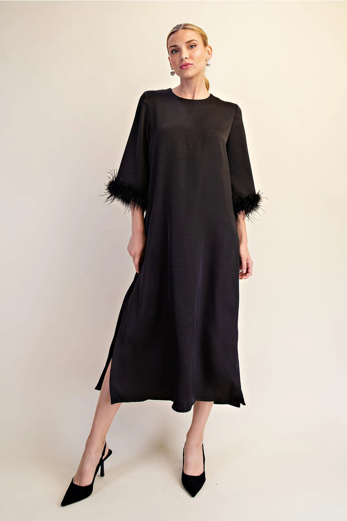 Feather Trim Evening Midi Dress