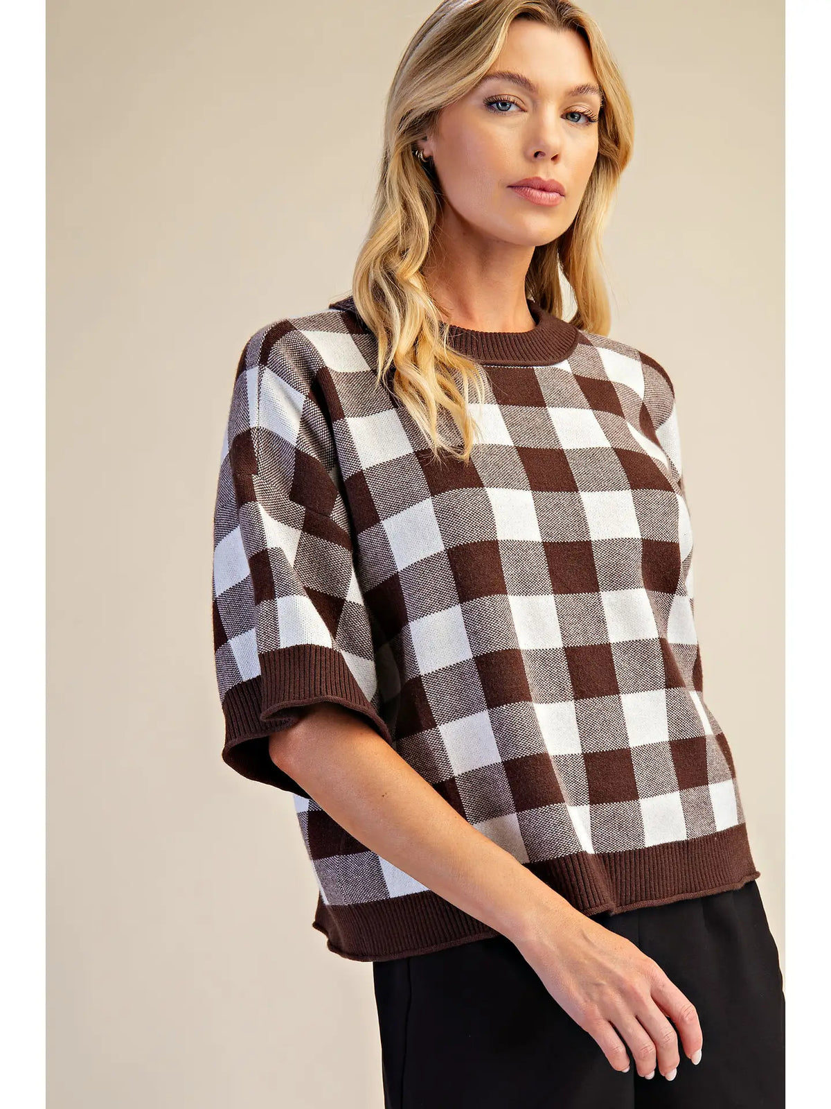 Gingham Short Sleeve Knit Sweater