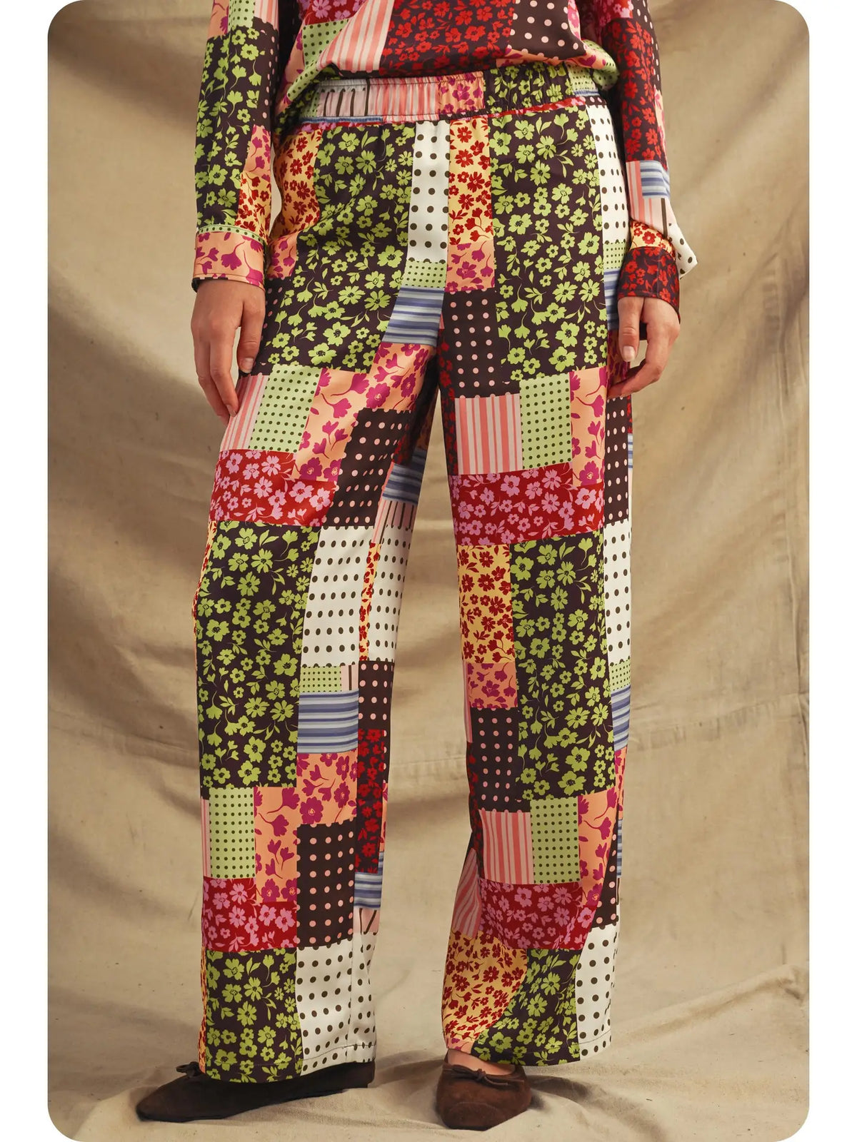 Polka Bloom Patch Print Wide Leg Elastic Satin Trousers