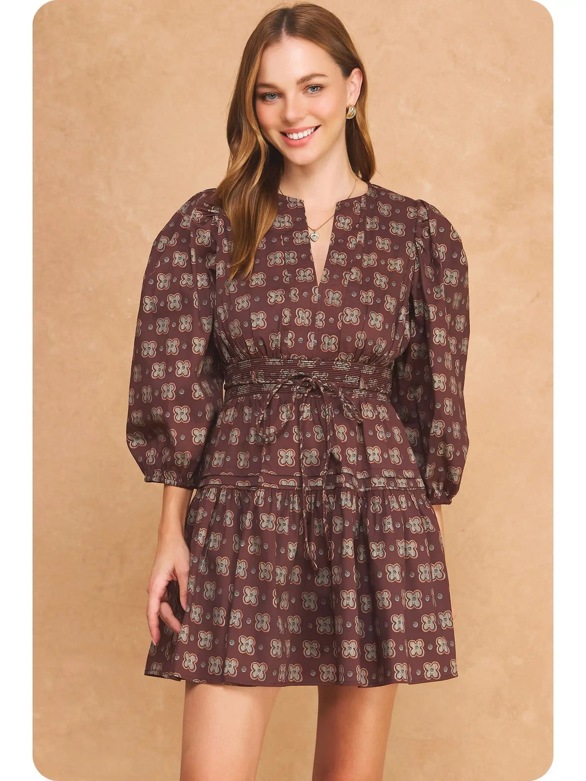 Foulard Clover Print Smocked Split Neck Tiered Mini Dress