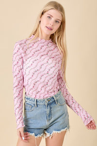 Floral Printed Mesh Top With Long Sleeves