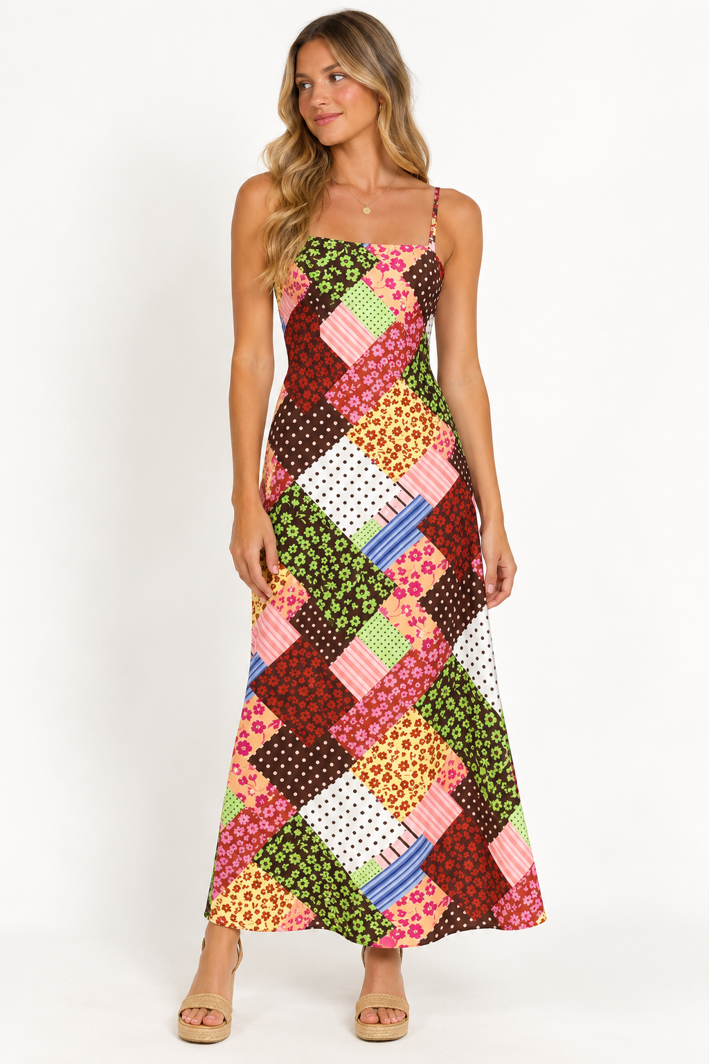 Polka Bloom Patch Print  Sleeveless Satin Midi Dress