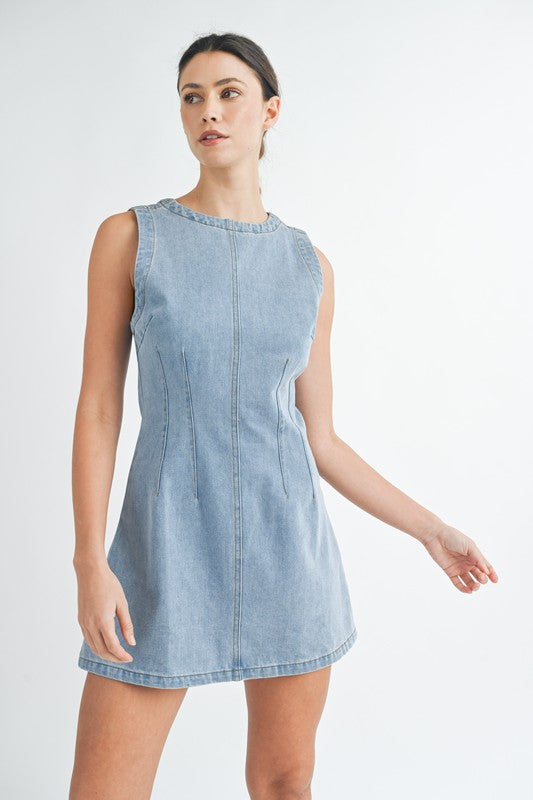 SLEEVELESS ROUND NECK DENIM MINI DRESS