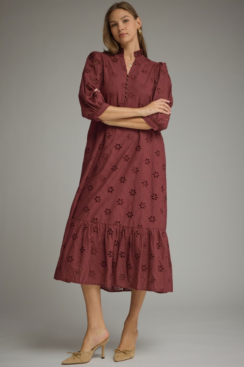 Solid ¾ puff sleeve midi dress with a ruffle stand collar