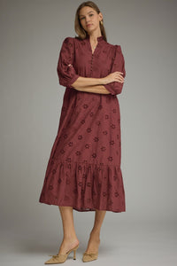 Solid ¾ puff sleeve midi dress with a ruffle stand collar