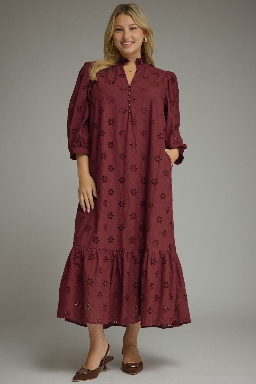 Floral eyelet embroidery midi dress