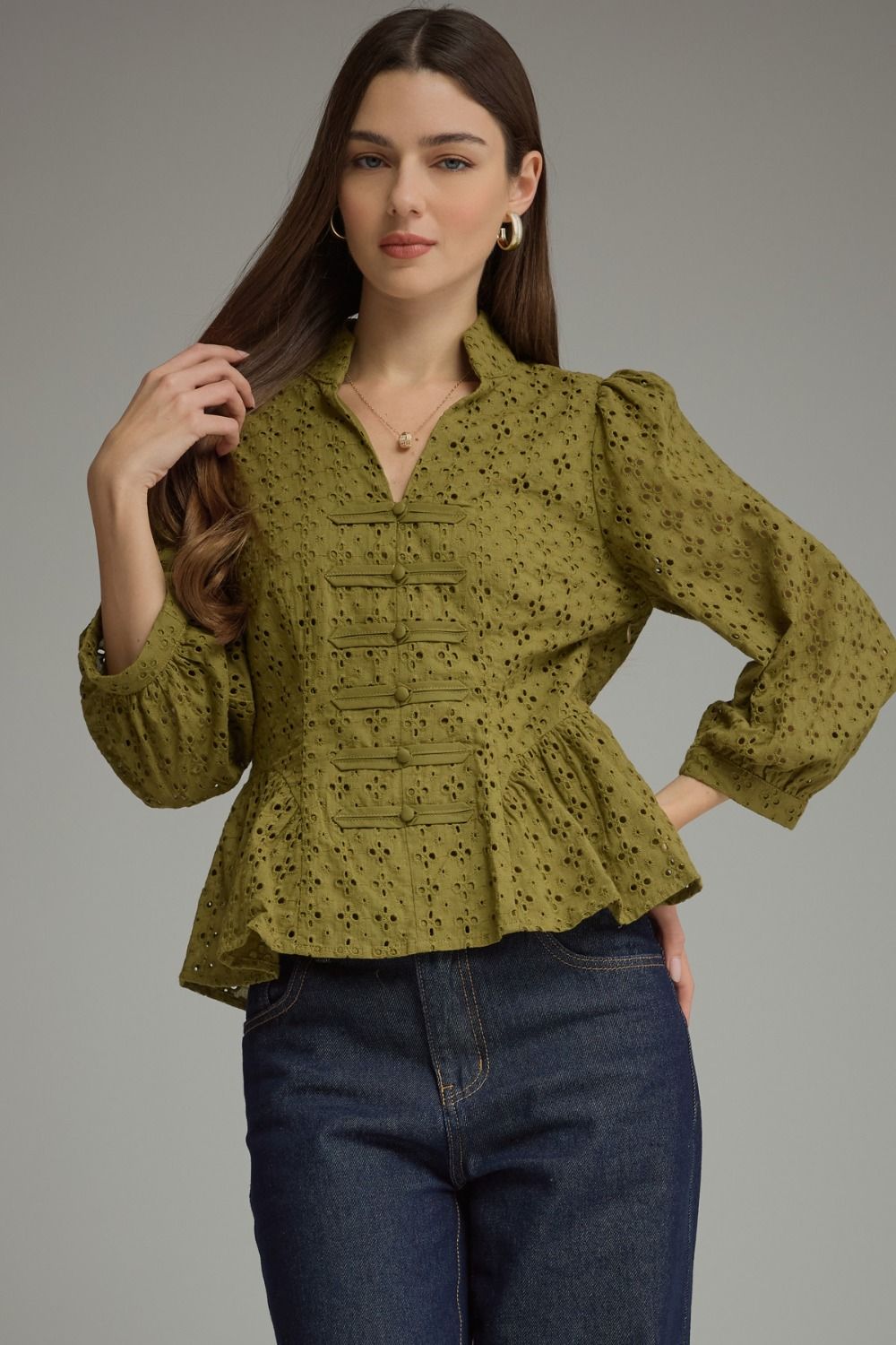 Solid ¾ puff sleeve eyelet top