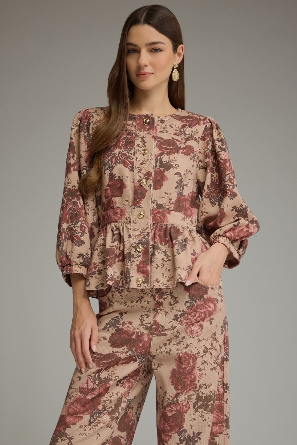 Floral print long puff sleeve top