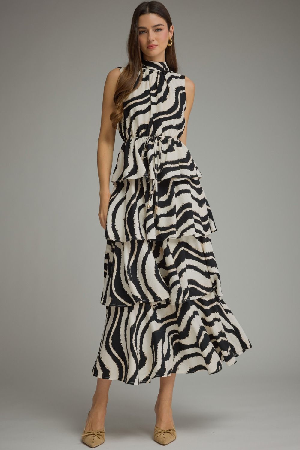 Abstract print  midi dress with a high neckline and tiered ruffle skirt.