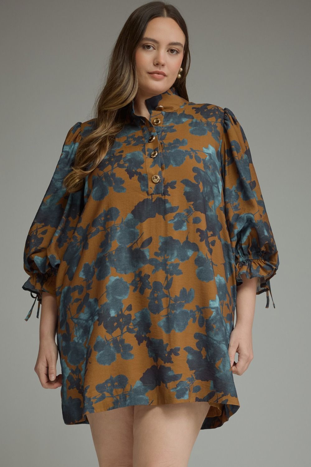 Plus Floral ¾ balloon sleeve mini dress