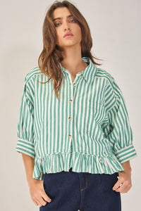 Ruffled Detail Striped Classic Button-Down Shirt