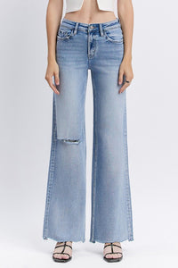 LOVERVET HIGH RISE UNEVEN RAW HEM WIDE LEG JEANS