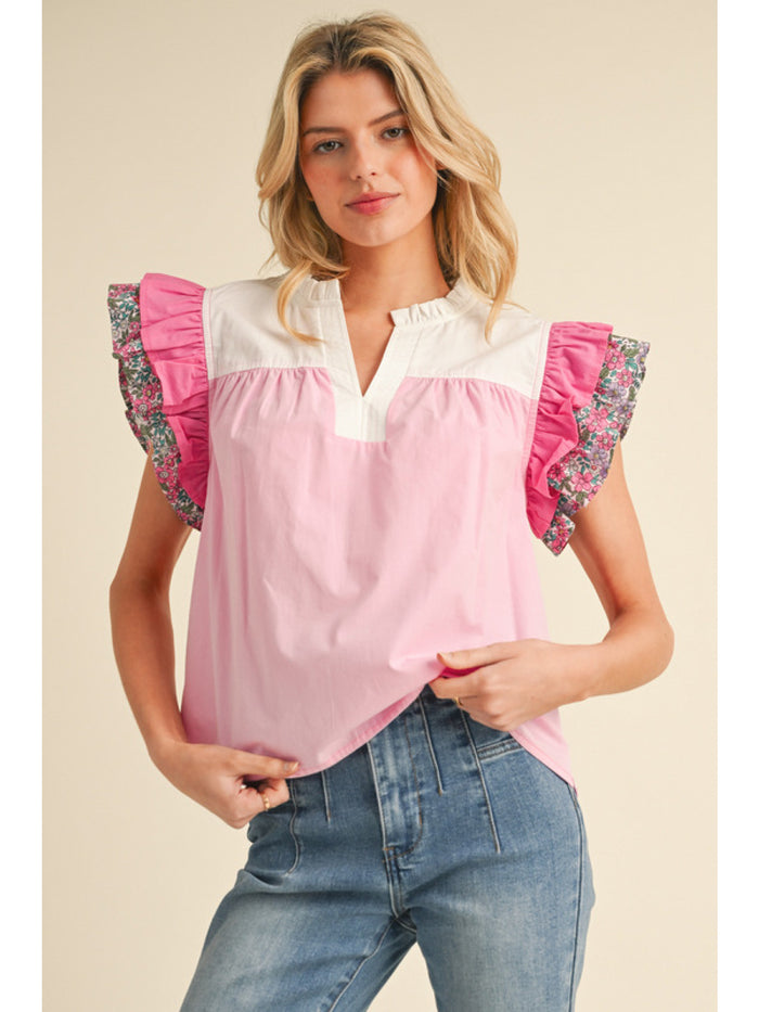 Colorblock top with split frilled neck