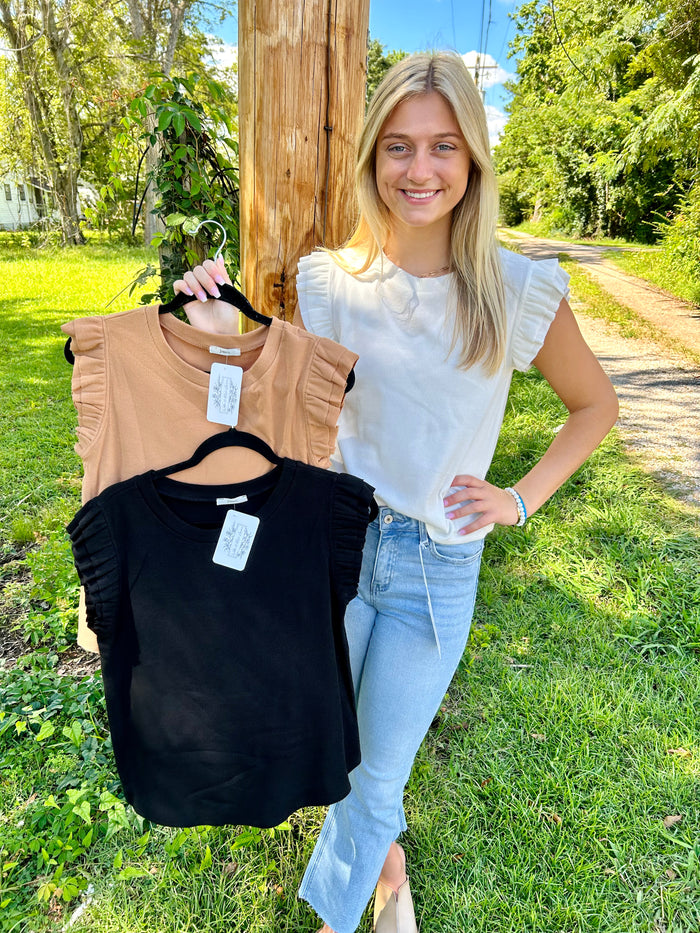 Ribbed top with a U-neck, and ruffled cap shoulder