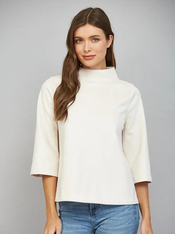 Mock Neckline Faux Suede 3/4 Slv Top