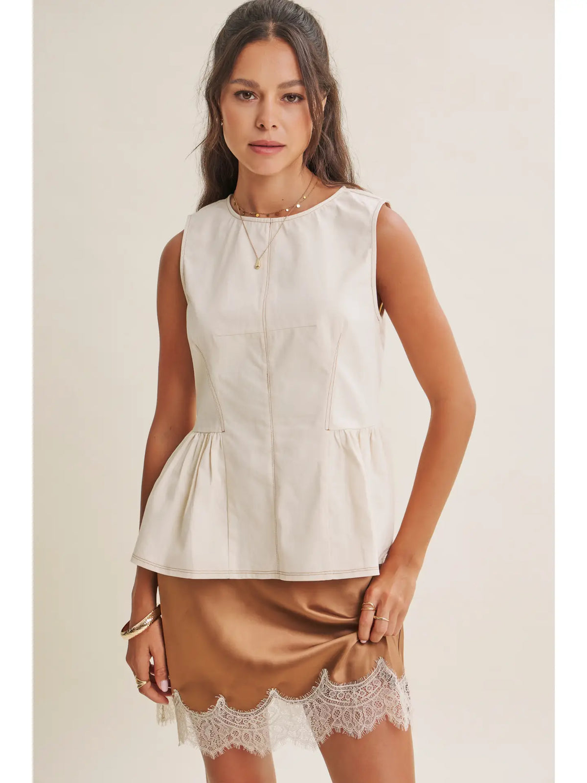 Desert Light Contrast Stitch Tailored Cotton Peplum Top