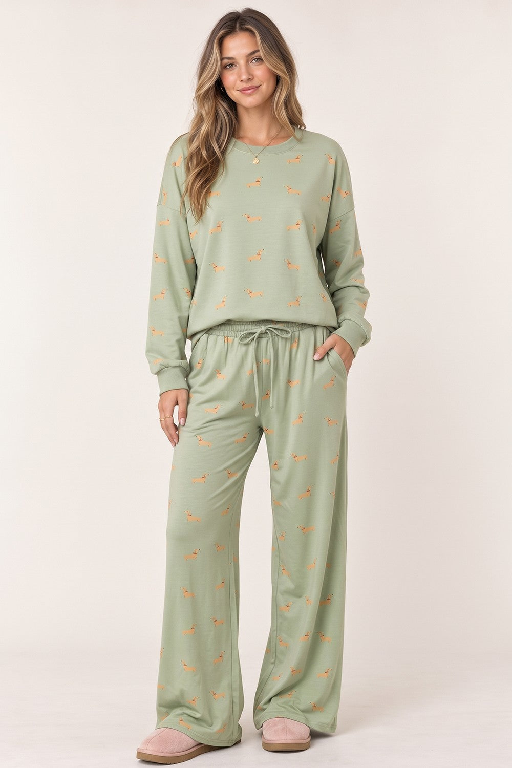 Dachshund Print Sweatshirt & Wide Leg Pants Set