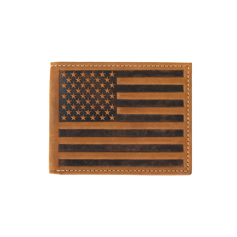 NOCONA MENS BIFOLD STYLE WALLET EMBOSSED FLAG BROWN