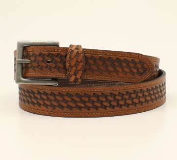 NOCONA HDX MENS BELT BASKET TOOLED STITCHED BUCKLE TAN