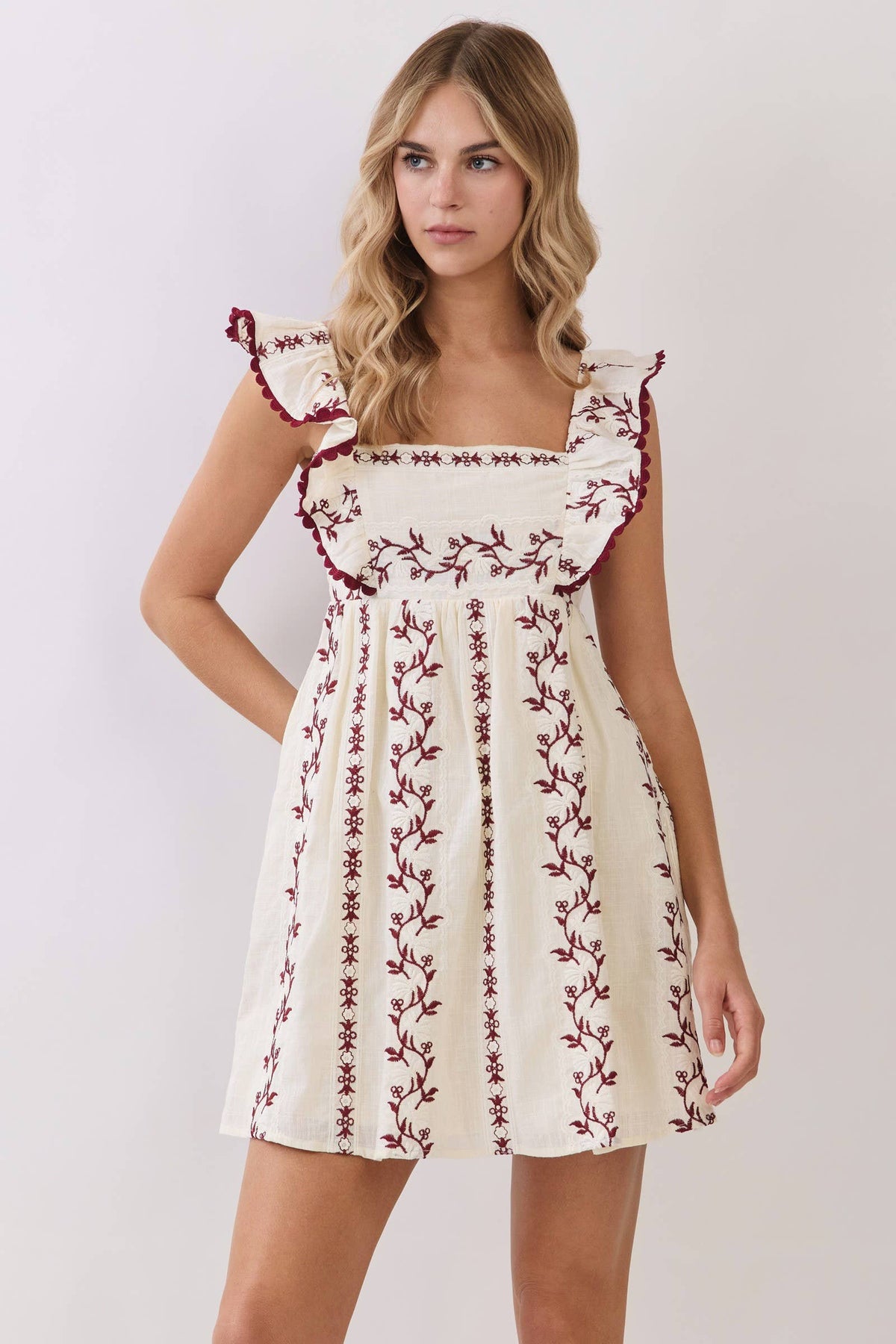 -Embroidered Flutter Sleeve Babydoll Mini Dress