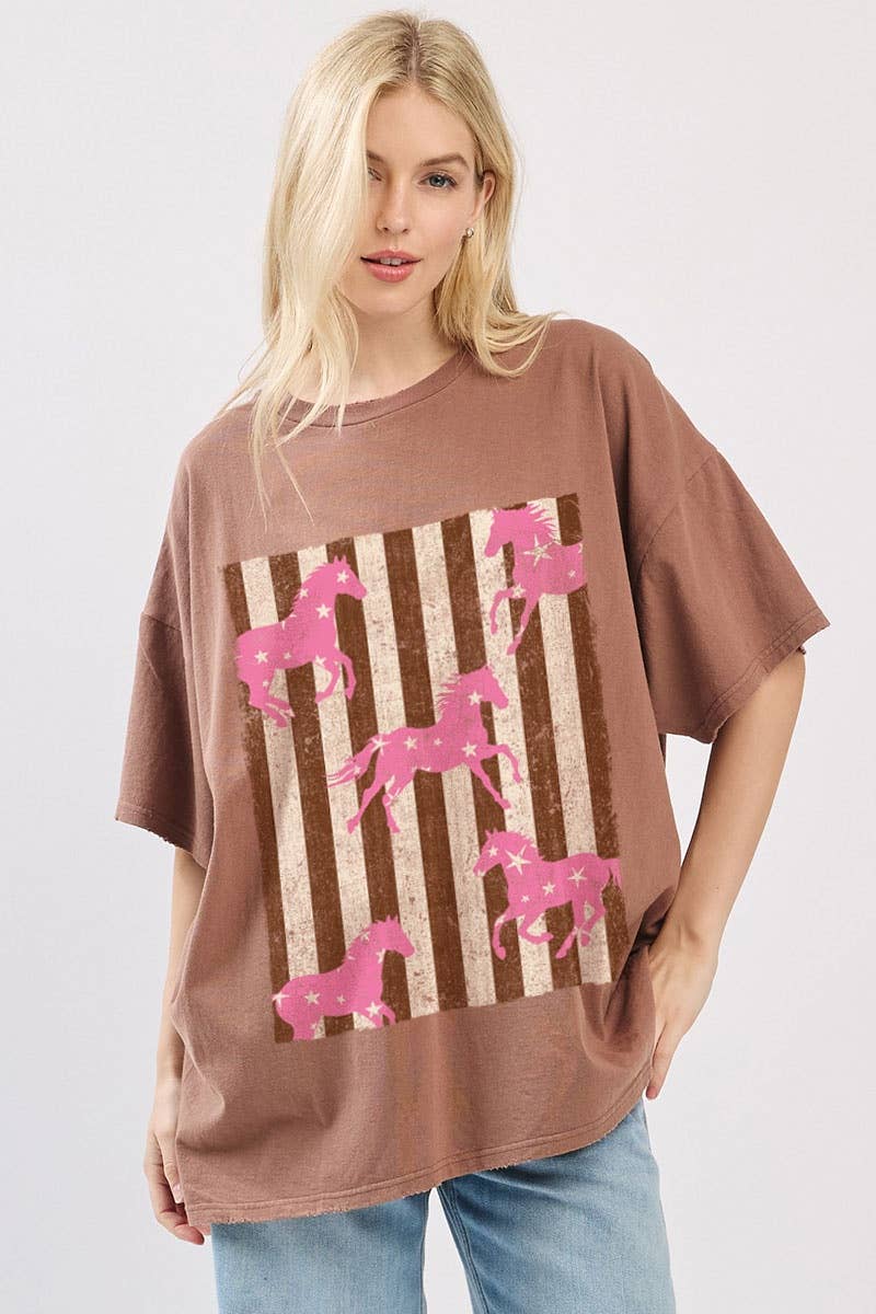 Pink Horses Striped Graphic Oversized Seamless Box Tee