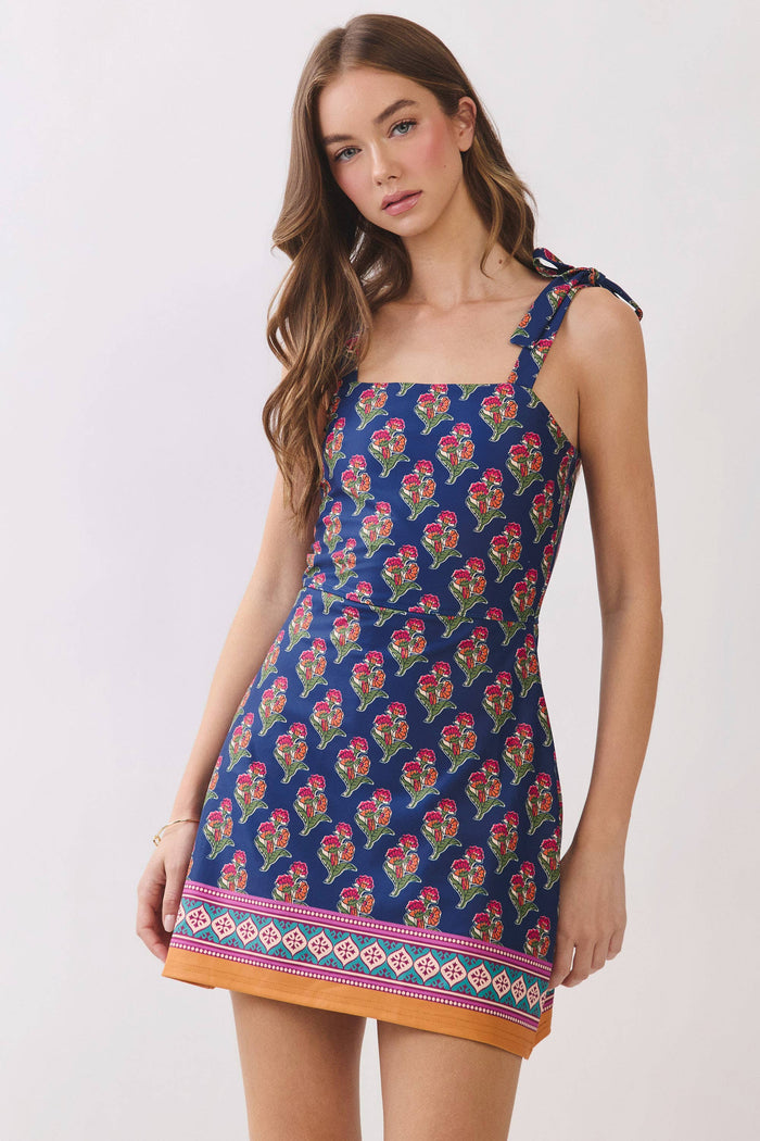 Floral Print Tie Shoulder Mini Dress with Border Hem