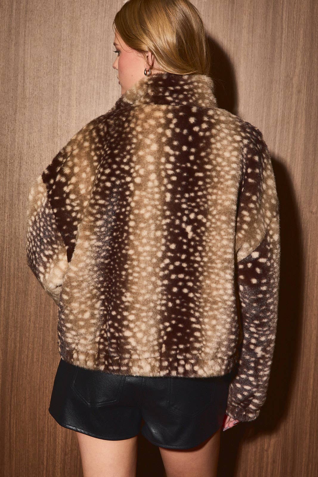 FAUX DEER PRINT HIGH NECK ZIP JACKET