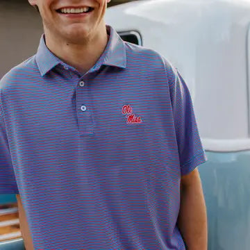 Bluecrest University Stripe Performance Polo Ole Miss Stacked Script