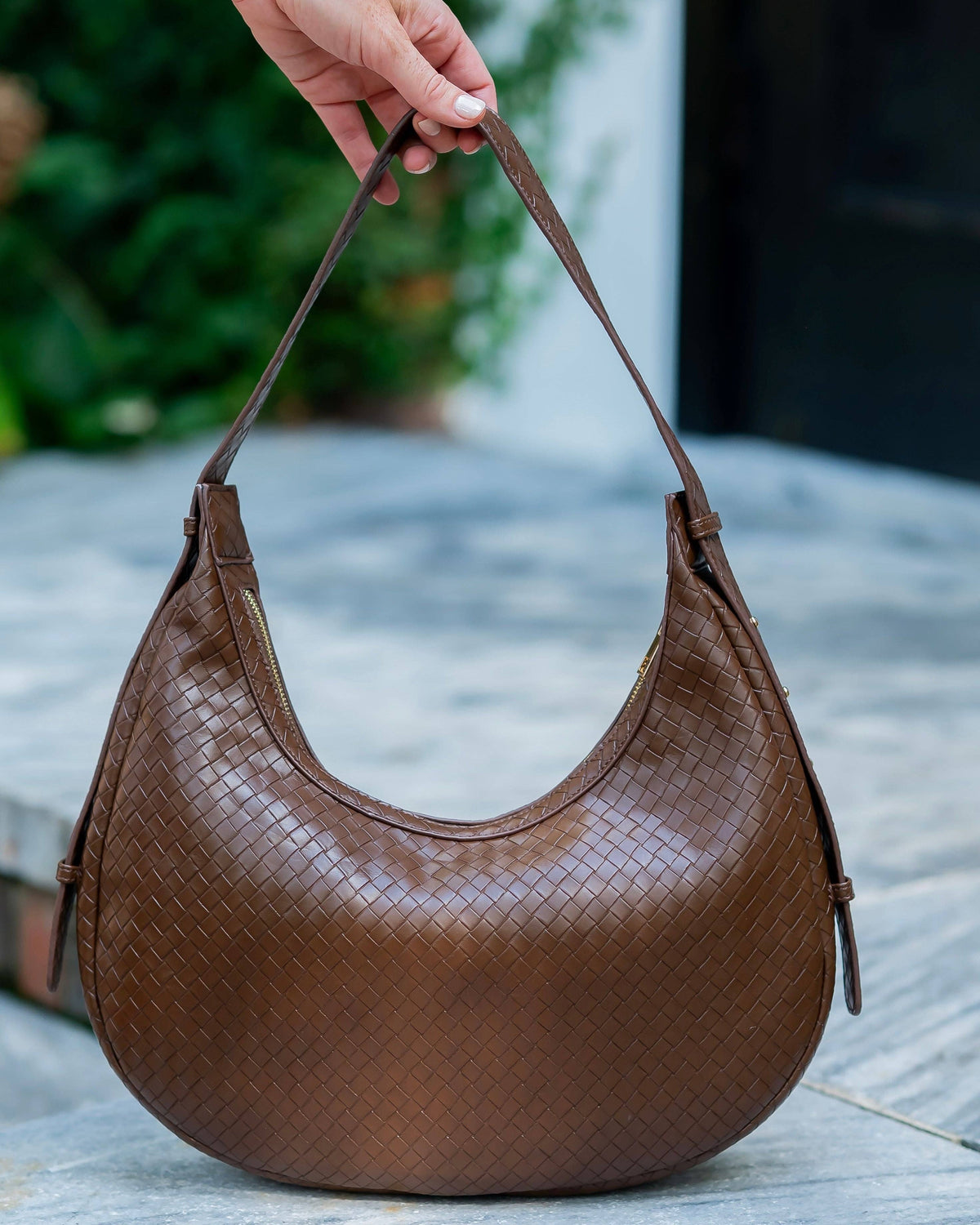 Caroline Hill Winslow Curved Bag Woven Chocolate