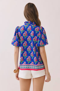-Floral Print Contrast Border Hem Split Neck Blouse
