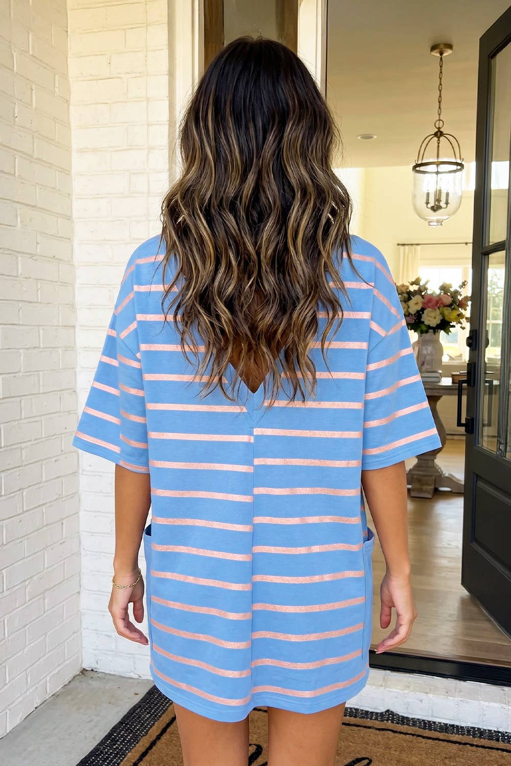 LAS Stripe V Neck Short Sleeve Loose Romper (S-XL)