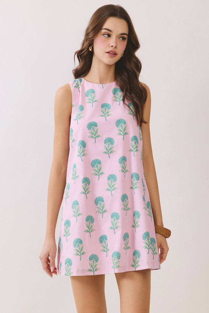 Pink Floral Round Neck Back Tie Mini Dress