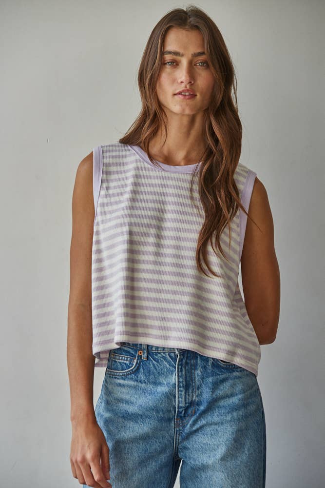 Knit Cotton Spandex Striped Ribbed Sleeveless Top
