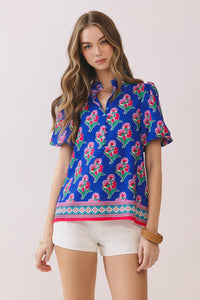 -Floral Print Contrast Border Hem Split Neck Blouse