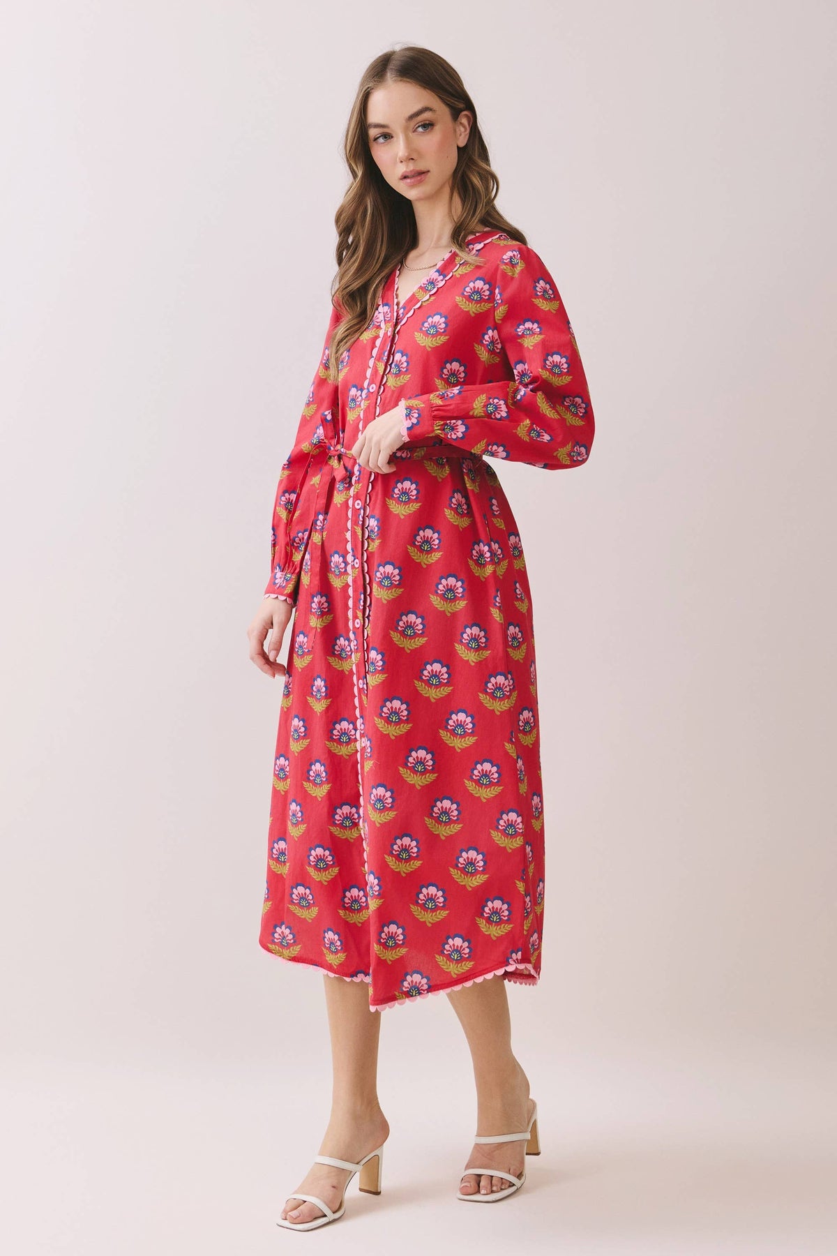 -Printed Long Sleeve Button Down Midi Dress