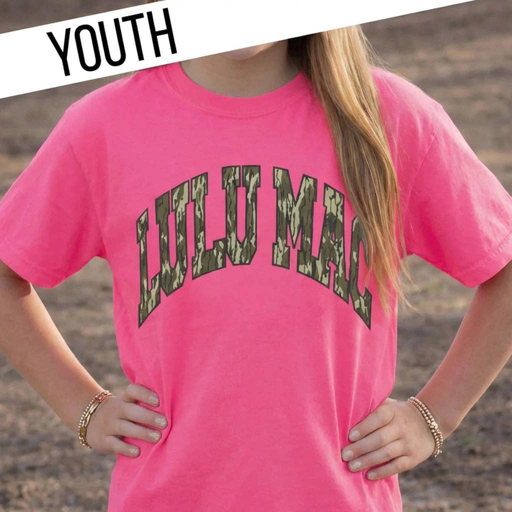 Lulu Mac Mossy Oak Bottomland Neon Pink Youth Comfort Colors Mossy Oak Tee