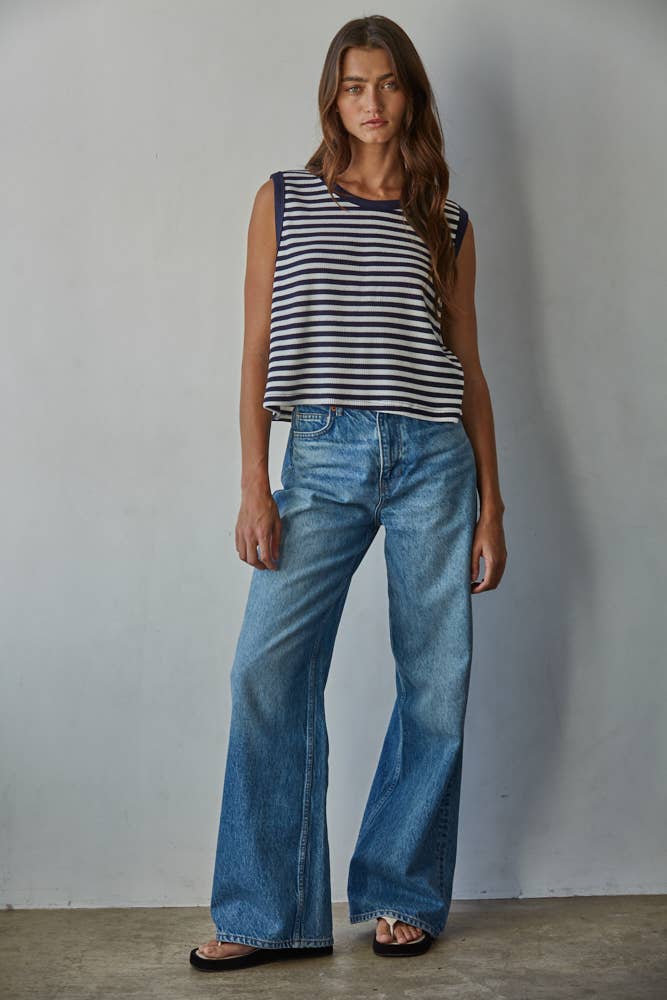 Knit Cotton Spandex Striped Ribbed Sleeveless Top
