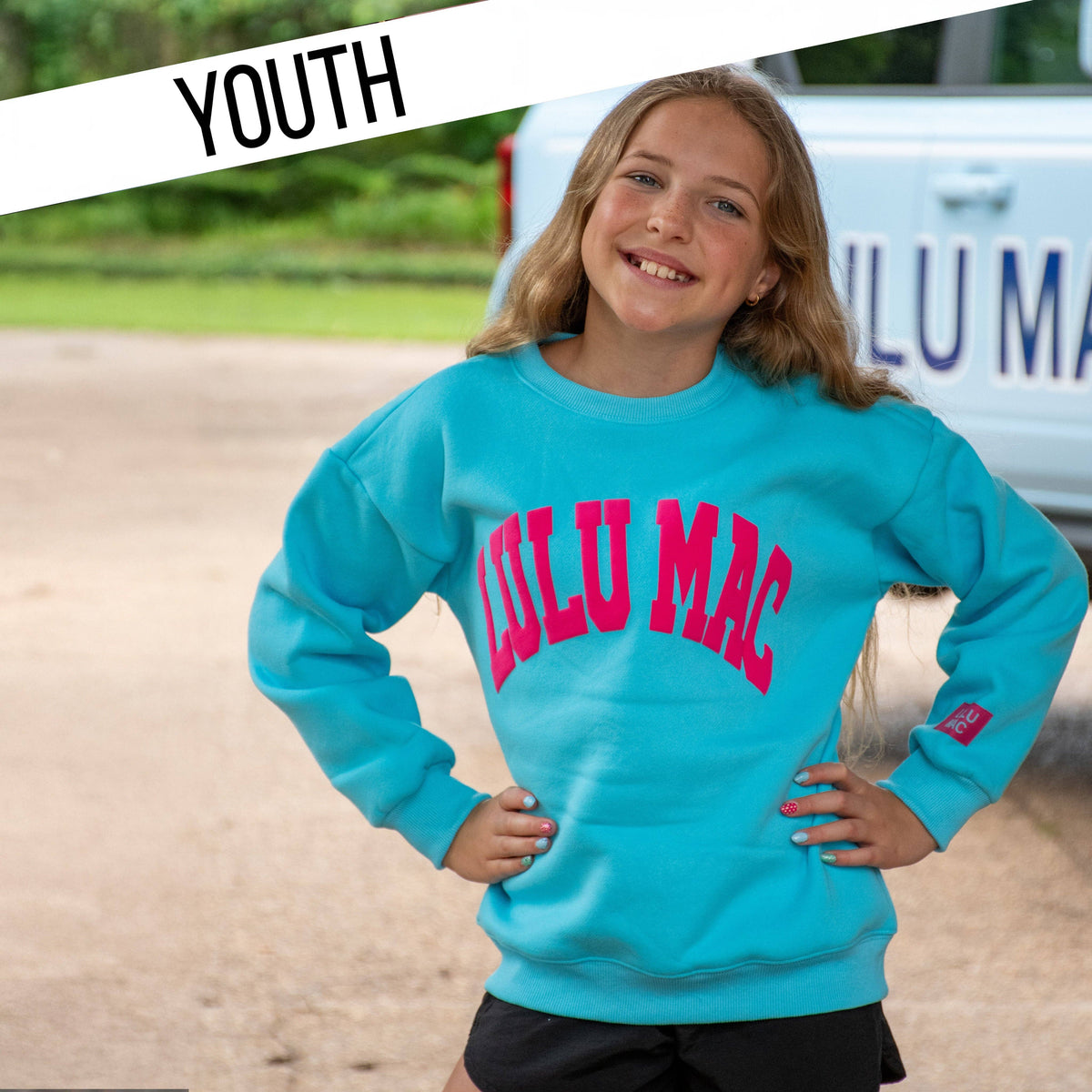 LULU MAC YOUTH SWEATSHIRT BLUE/HOT PINK PUFF