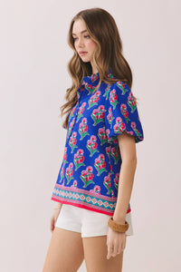 -Floral Print Contrast Border Hem Split Neck Blouse