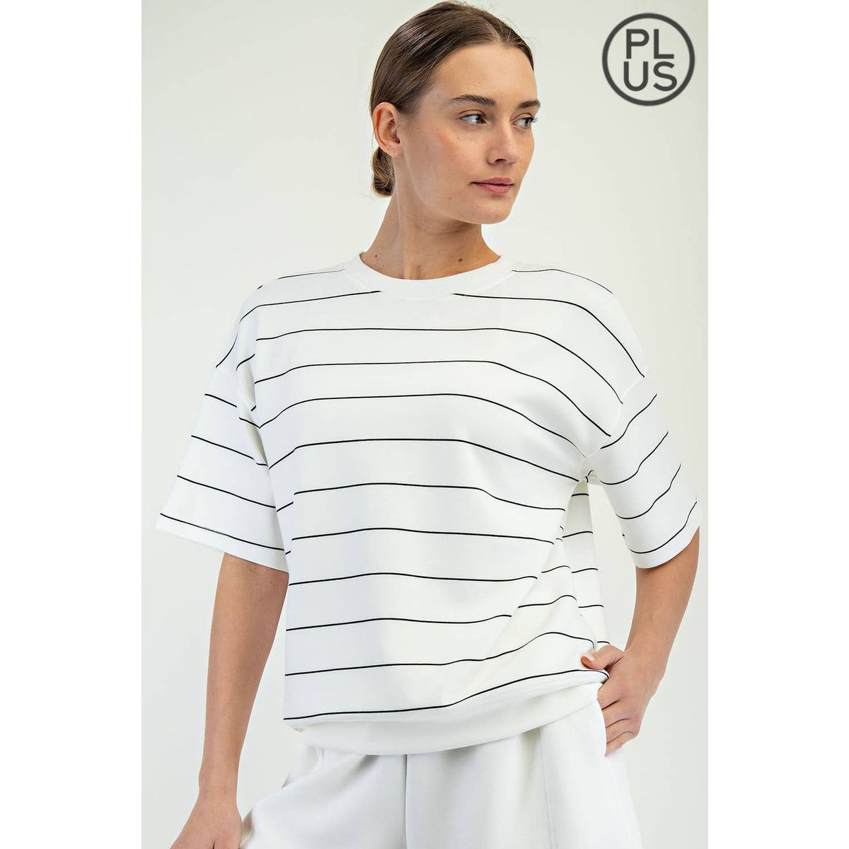 PLUS SIZE MODAL SCUBA STRIPE BASIC SHORT SLEEVE TOP