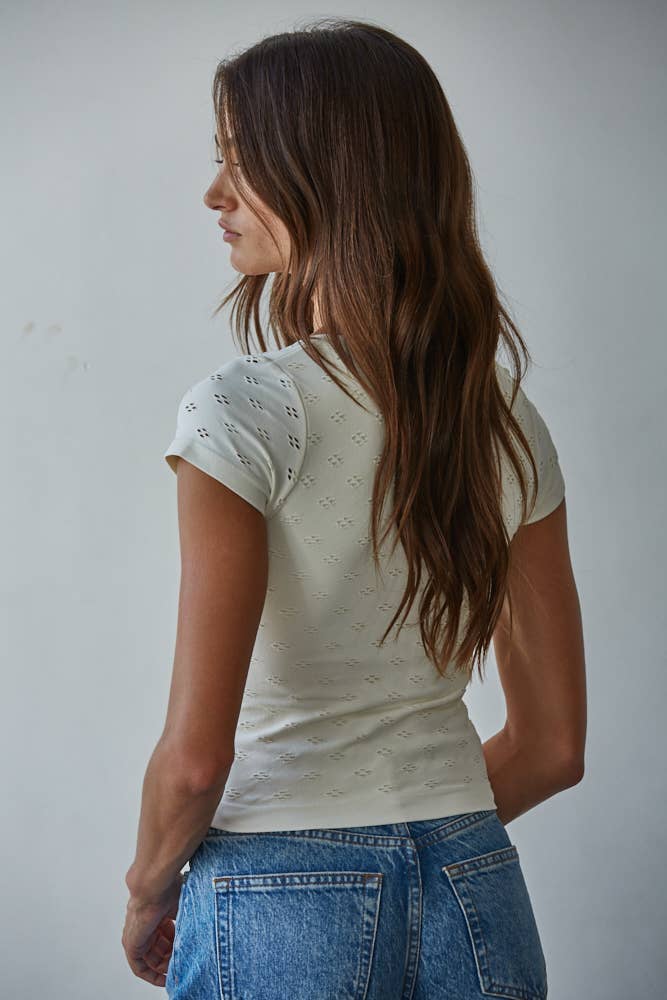 Seamless Eyelet Round Neck Short Sleeve Top