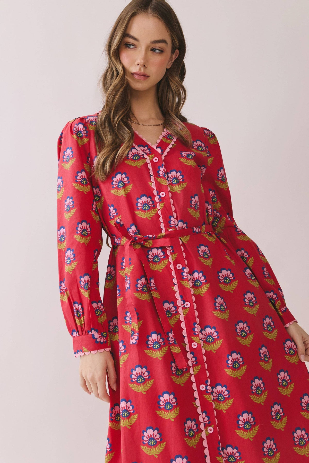-Printed Long Sleeve Button Down Midi Dress