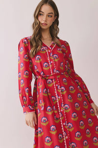 -Printed Long Sleeve Button Down Midi Dress