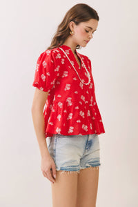 Printed Split Neck Peplum Puff Sleeve Top
