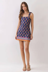 Floral Print Tie Shoulder Mini Dress with Border Hem